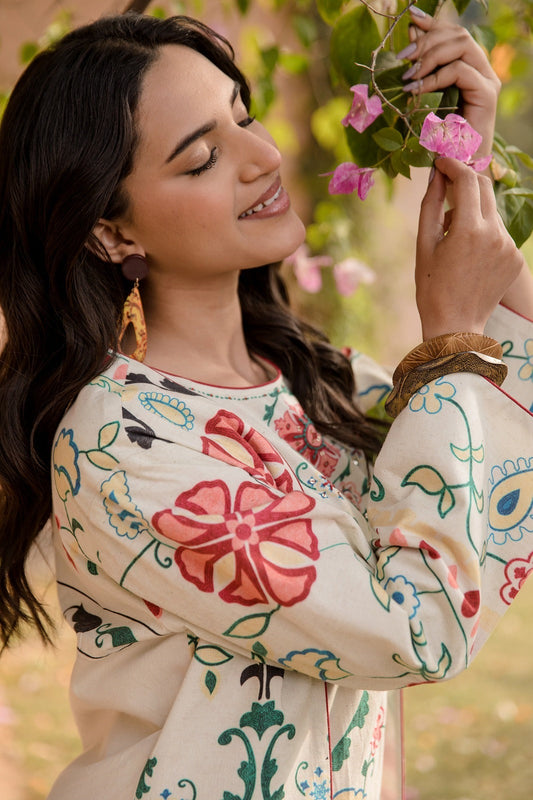 Aza Ivory Floral Print Indo-western White Jacket Co-Ord set with Sleeveless Top Embroidery and Sequins work - Coord Set