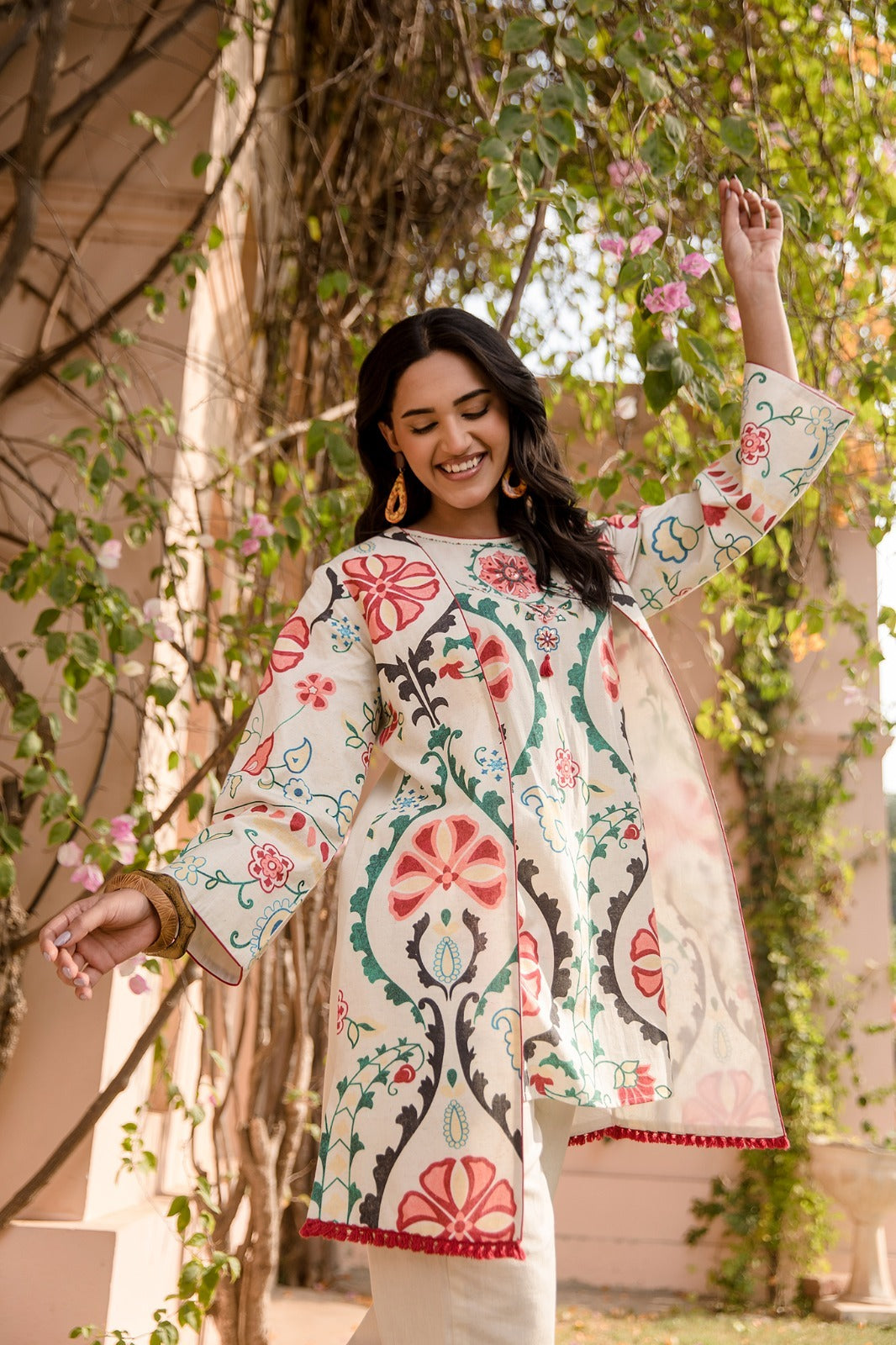Aza Ivory Floral Print Indo-western White Jacket Co-Ord set with Sleeveless Top Embroidery and Sequins work - Coord Set
