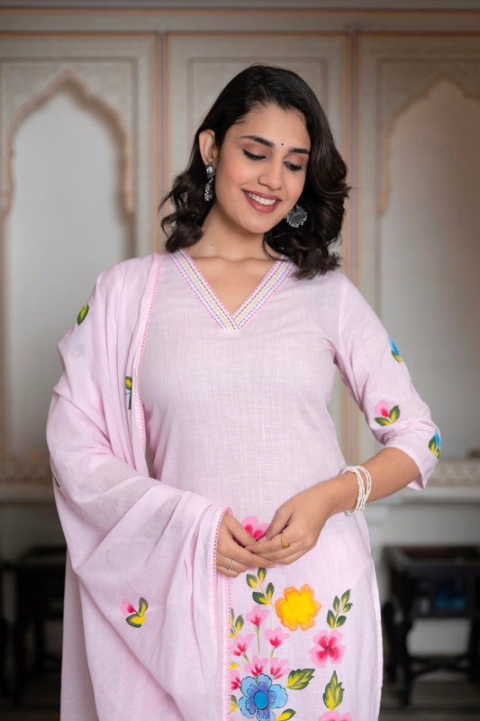 Baby pink Hand Paint design floral kurta with cotton slub Pant and Cotton Voile dupatta - Suit Set Kurti Pant Dupatta