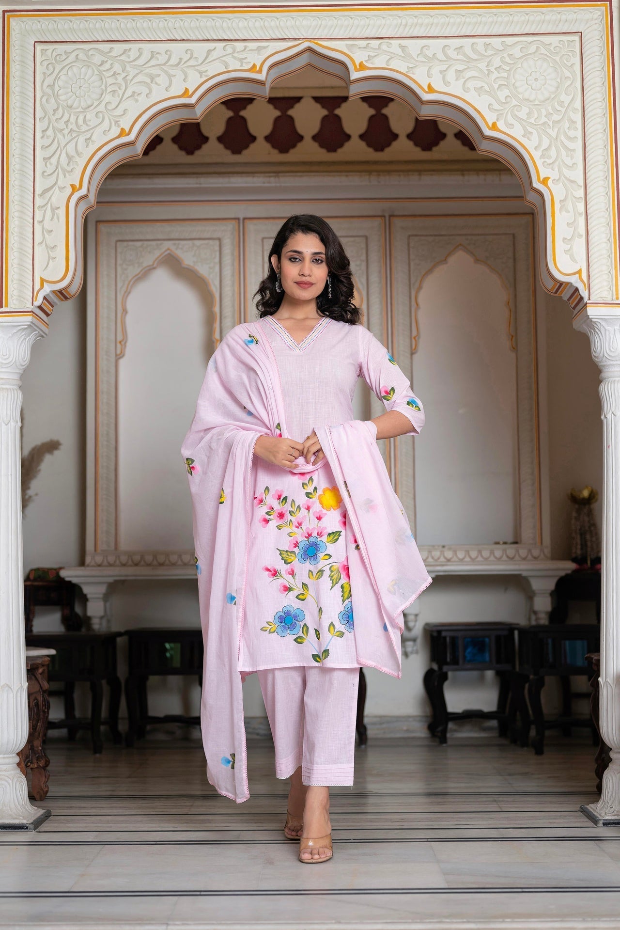 Baby pink Hand Paint design floral kurta with cotton slub Pant and Cotton Voile dupatta - Suit Set Kurti Pant Dupatta
