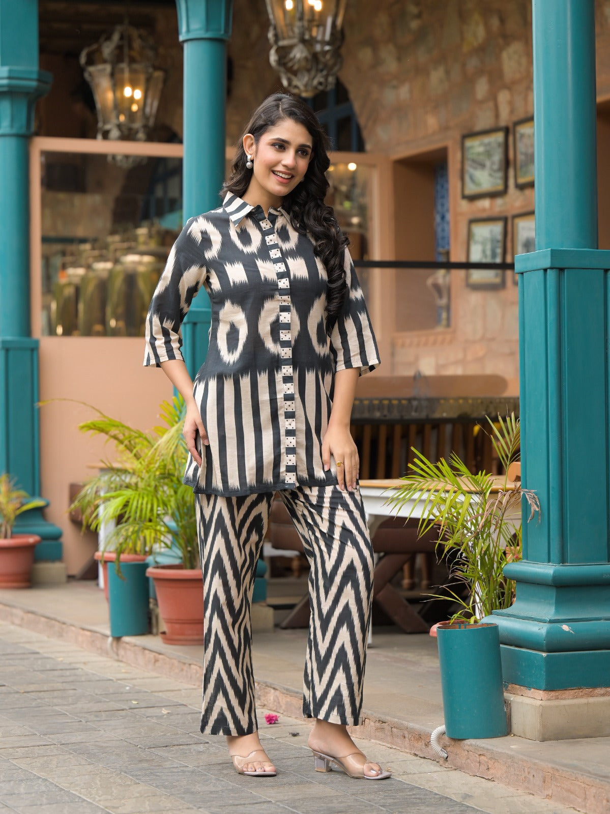 Black and White Coordset for Women -Shirt and Pant set with stripe and zigzag pattern