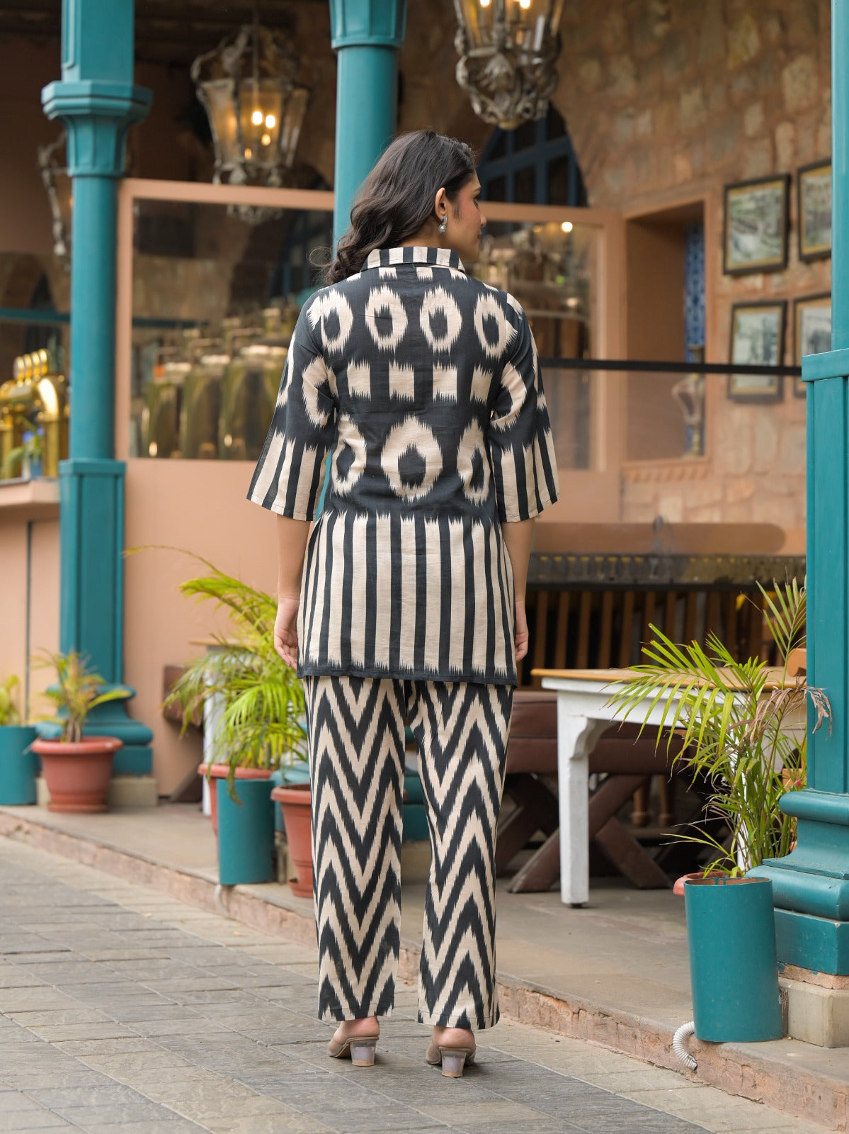 Black and White Coordset for Women -Shirt and Pant set with stripe and zigzag pattern