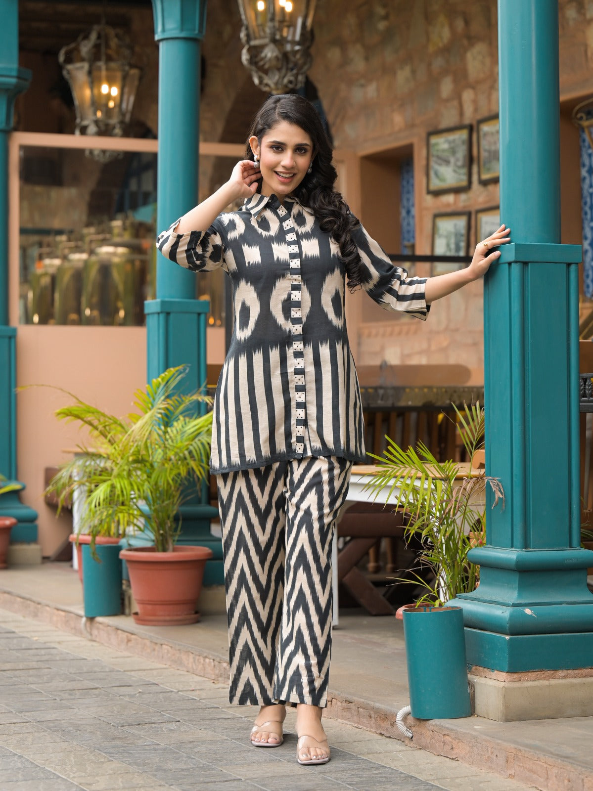 Black and White Coordset for Women -Shirt and Pant set with stripe and zigzag pattern