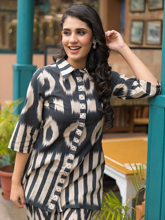 Black and White Coordset for Women -Shirt and Pant set with stripe and zigzag pattern