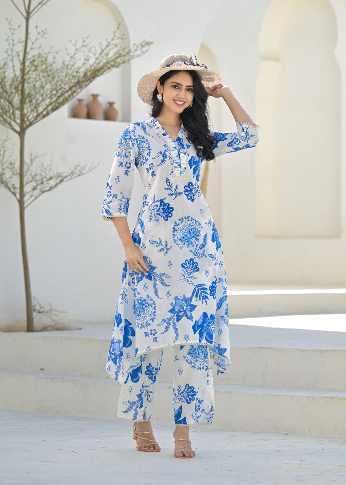 Blue & White floral printed Cotton Kurti Pant Set - Suit Set Kurti Pant Dupatta Set
