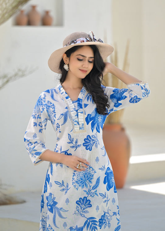 Blue & White floral printed Cotton Kurti Pant Set - Suit Set Kurti Pant Dupatta Set