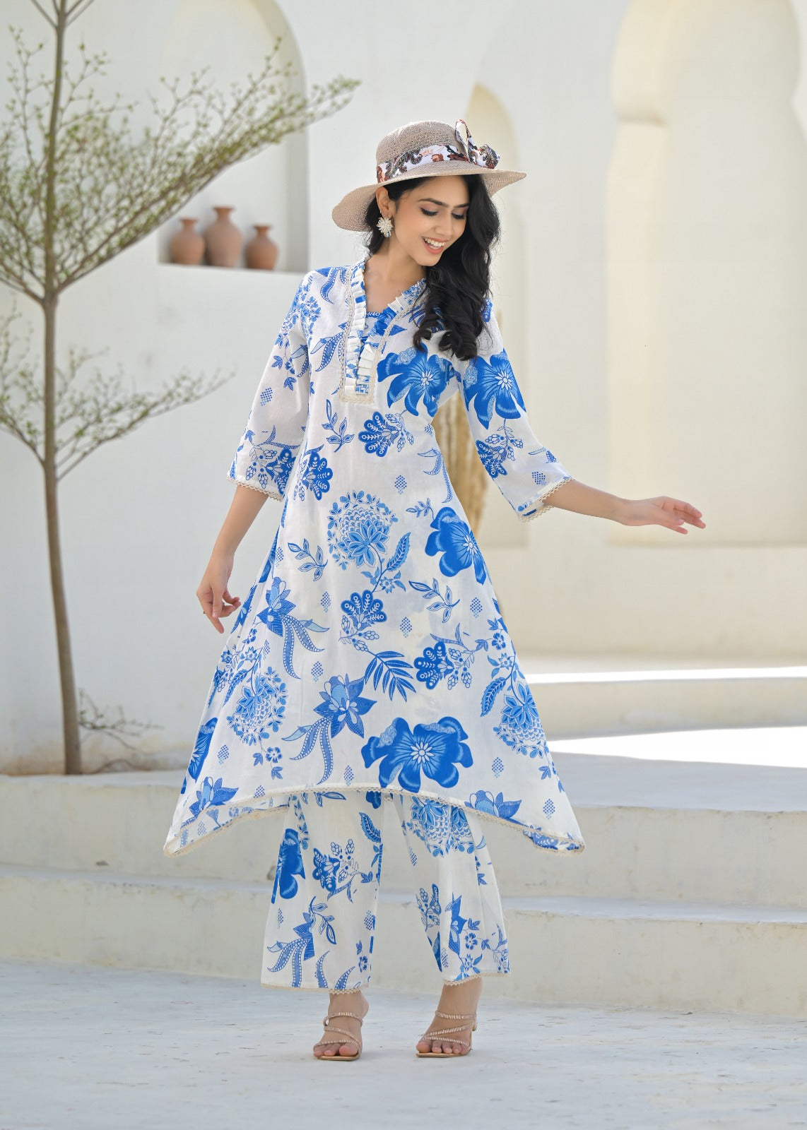 Blue & White floral printed Cotton Kurti Pant Set - Suit Set Kurti Pant Dupatta Set
