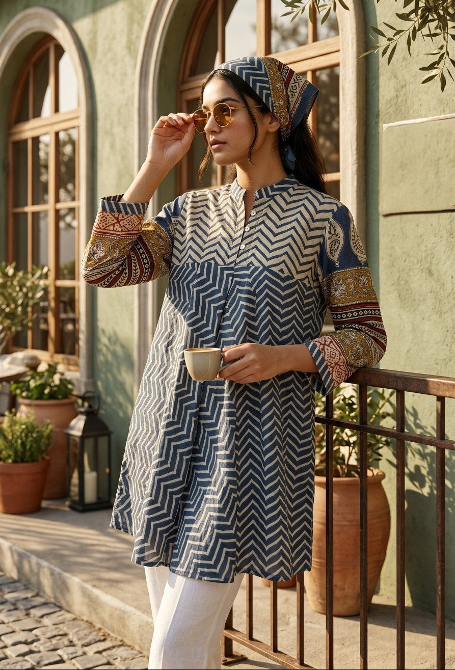 Blue Chevron Print Fusion A-Line Kurti