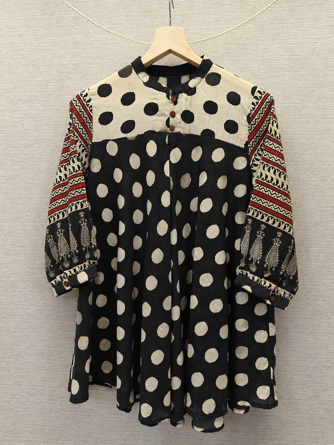 Black white Polka Dot Print Fusion A-Line Kurti