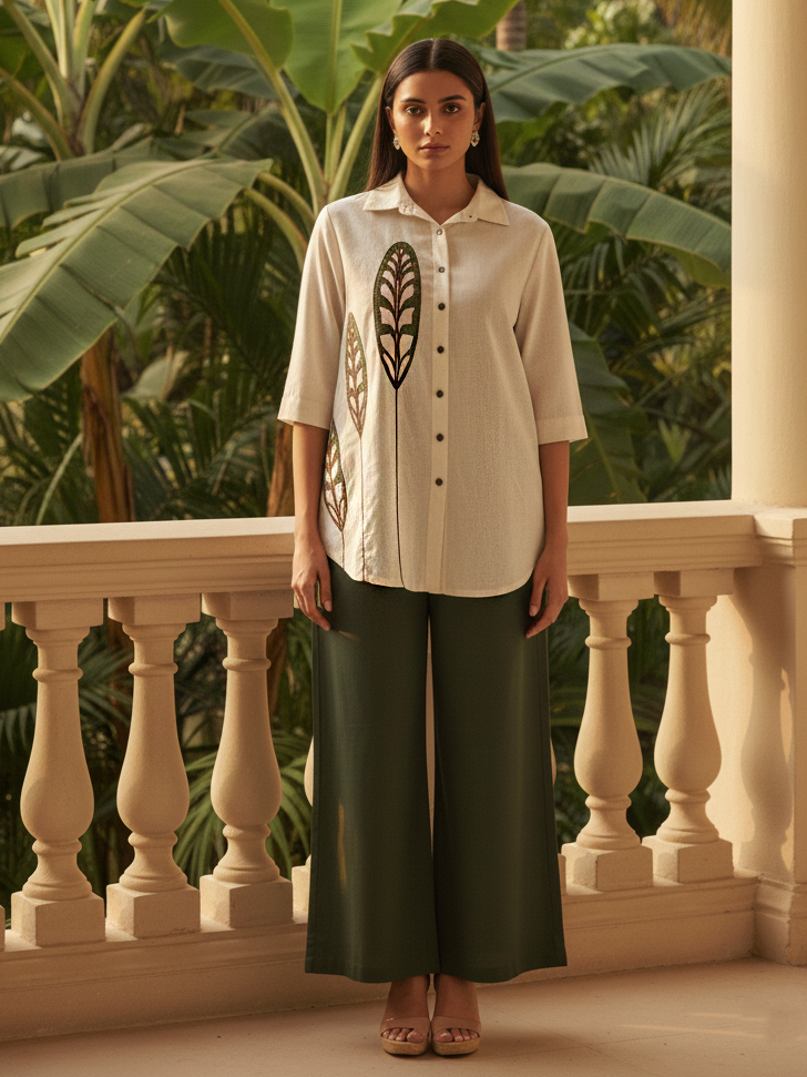 Natura Off White Shirt Co Ord Set with Green Wide Leg Pants