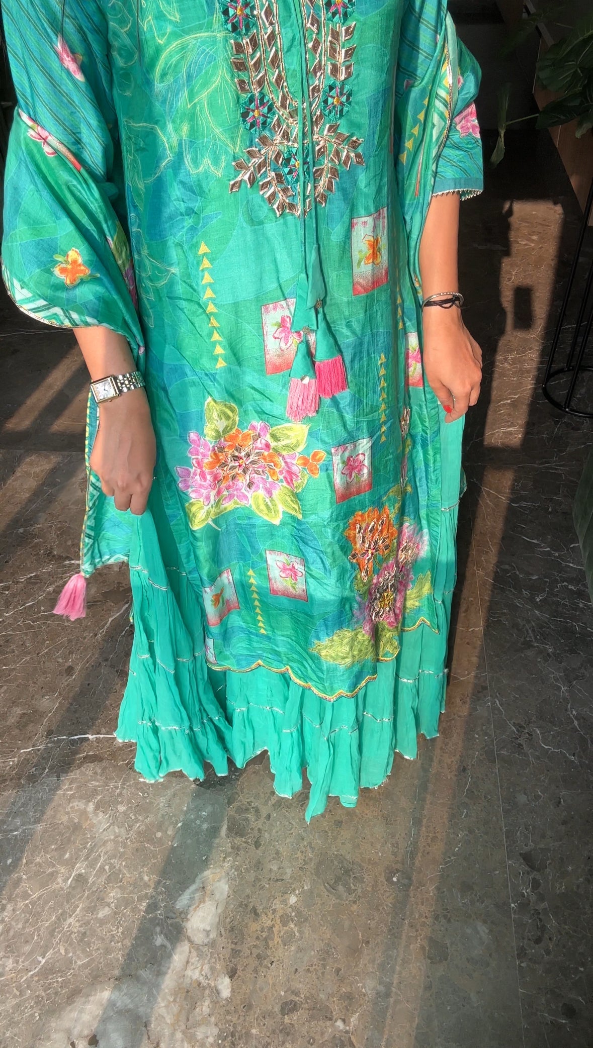 Green Muslin attached sharara gown with dupatta for Women - Kurti Pant Set