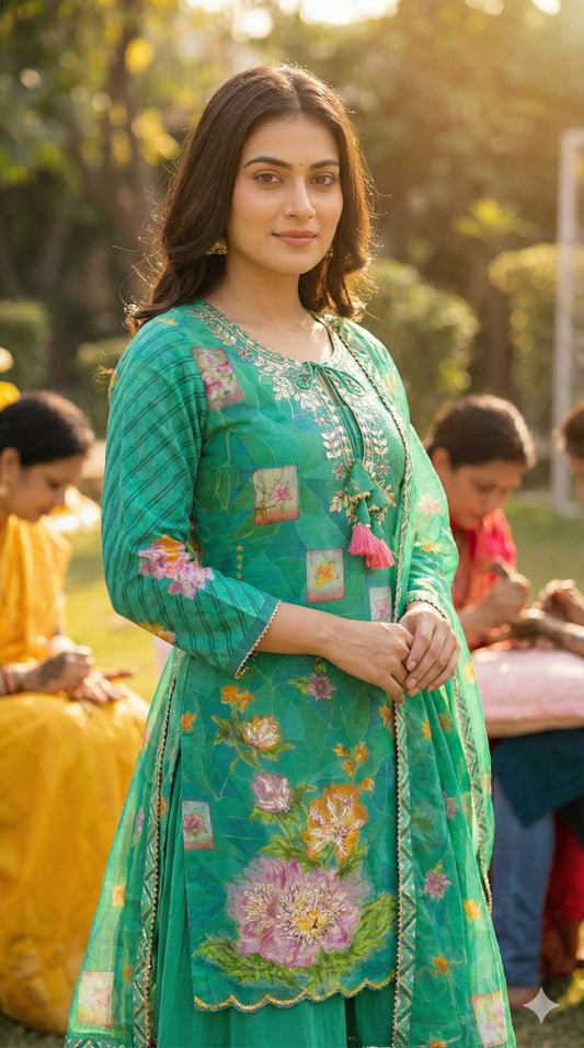 Green Muslin attached sharara gown with dupatta for Women - Kurti Pant Set