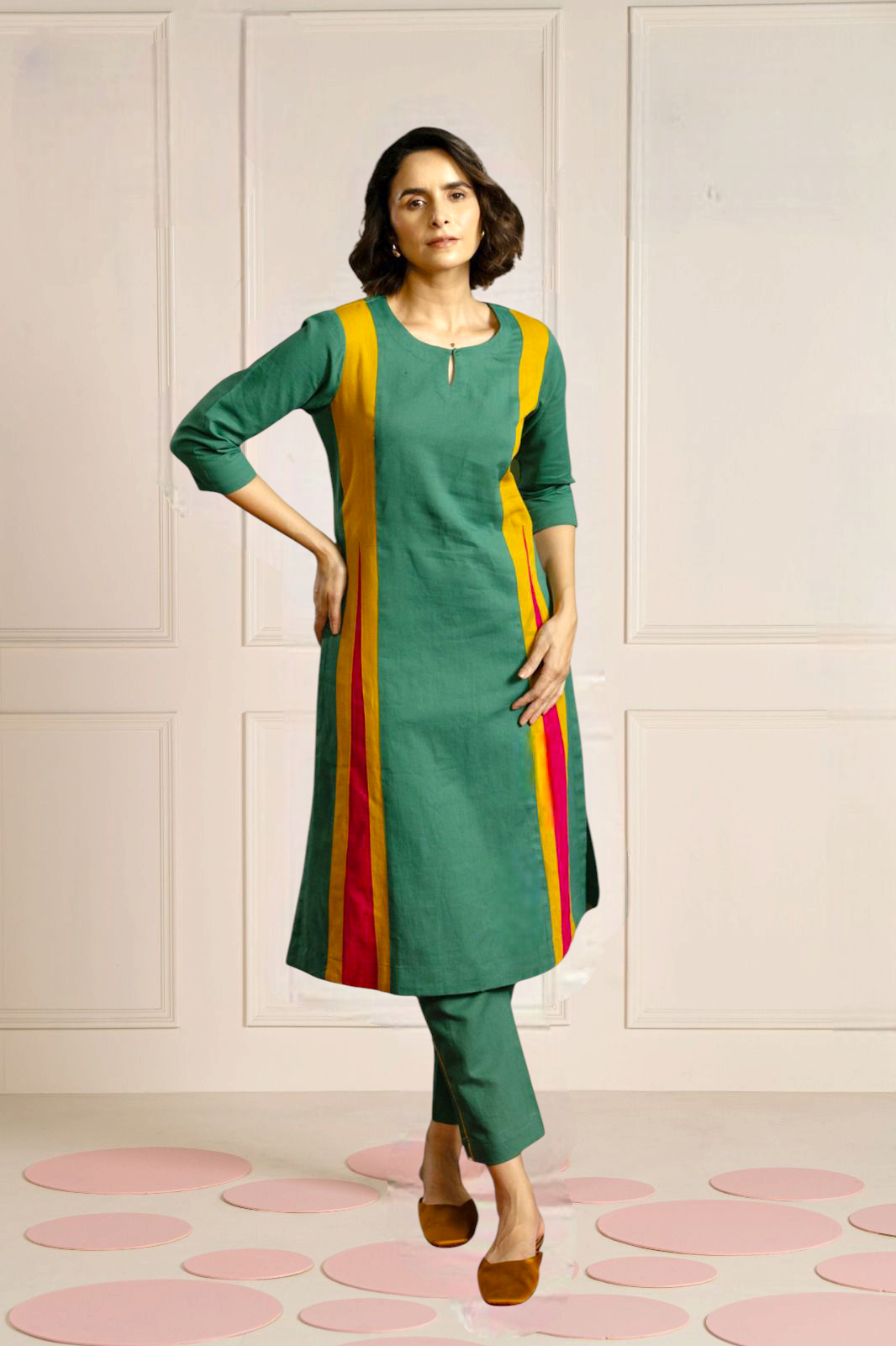 Cotton Linen Colourblock Kurti Pant set for women