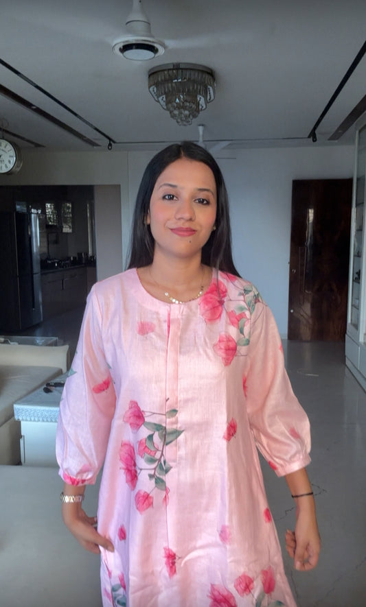 Pink Cotton Linen Floral Kurti Pant set