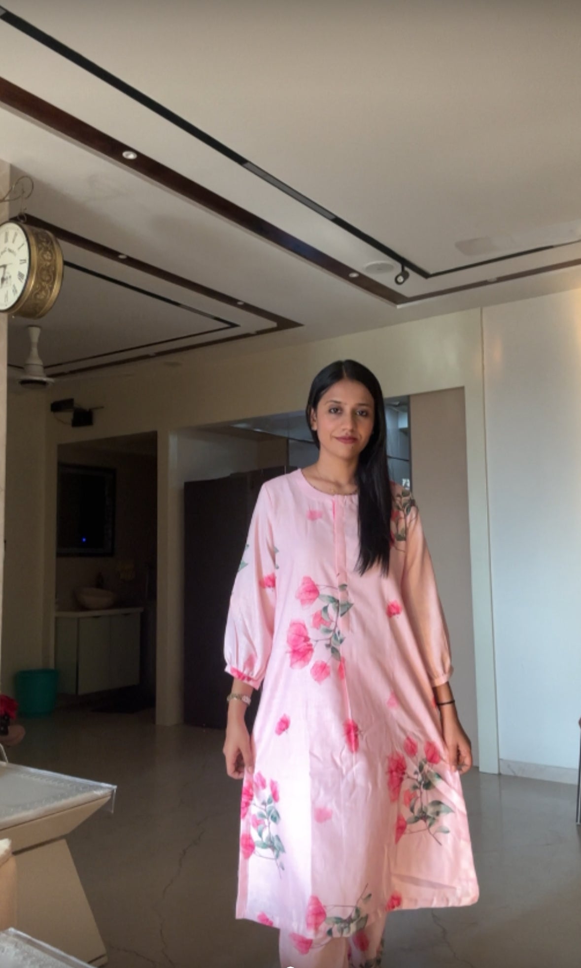 Pink Cotton Linen Floral Kurti Pant set