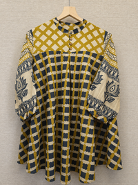 Mustard Geometric Print Mul Chanderi A-Line Kurti for Women
