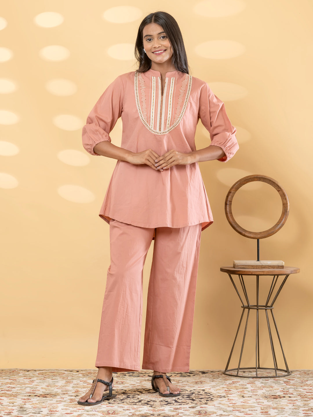 Embellished Cotton Co-Ord -Blue and Peach