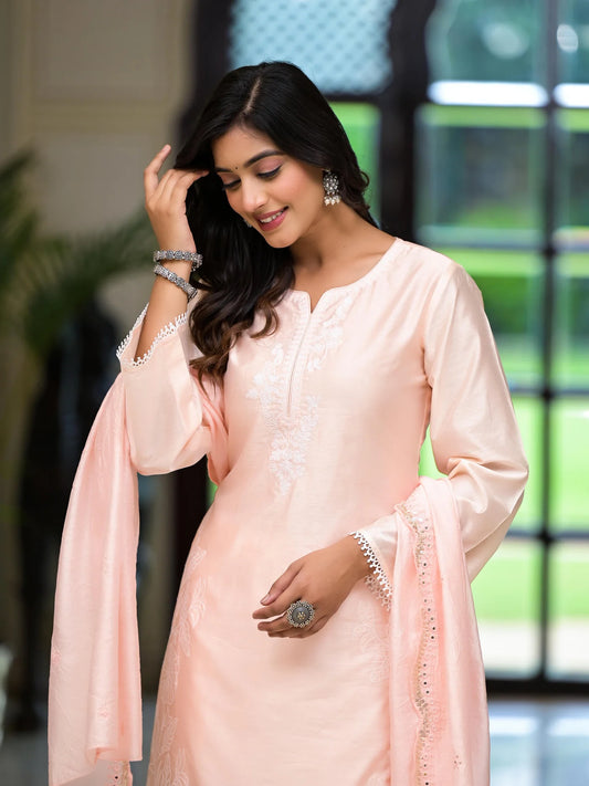 Peach Thread Embroidered Viscose Kurta Set With Thread & Mirror Work dupatta - Suit Set Kurti Pant Dupatta Set
