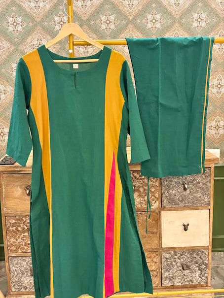 Cotton Linen Colourblock Kurti Pant set for women