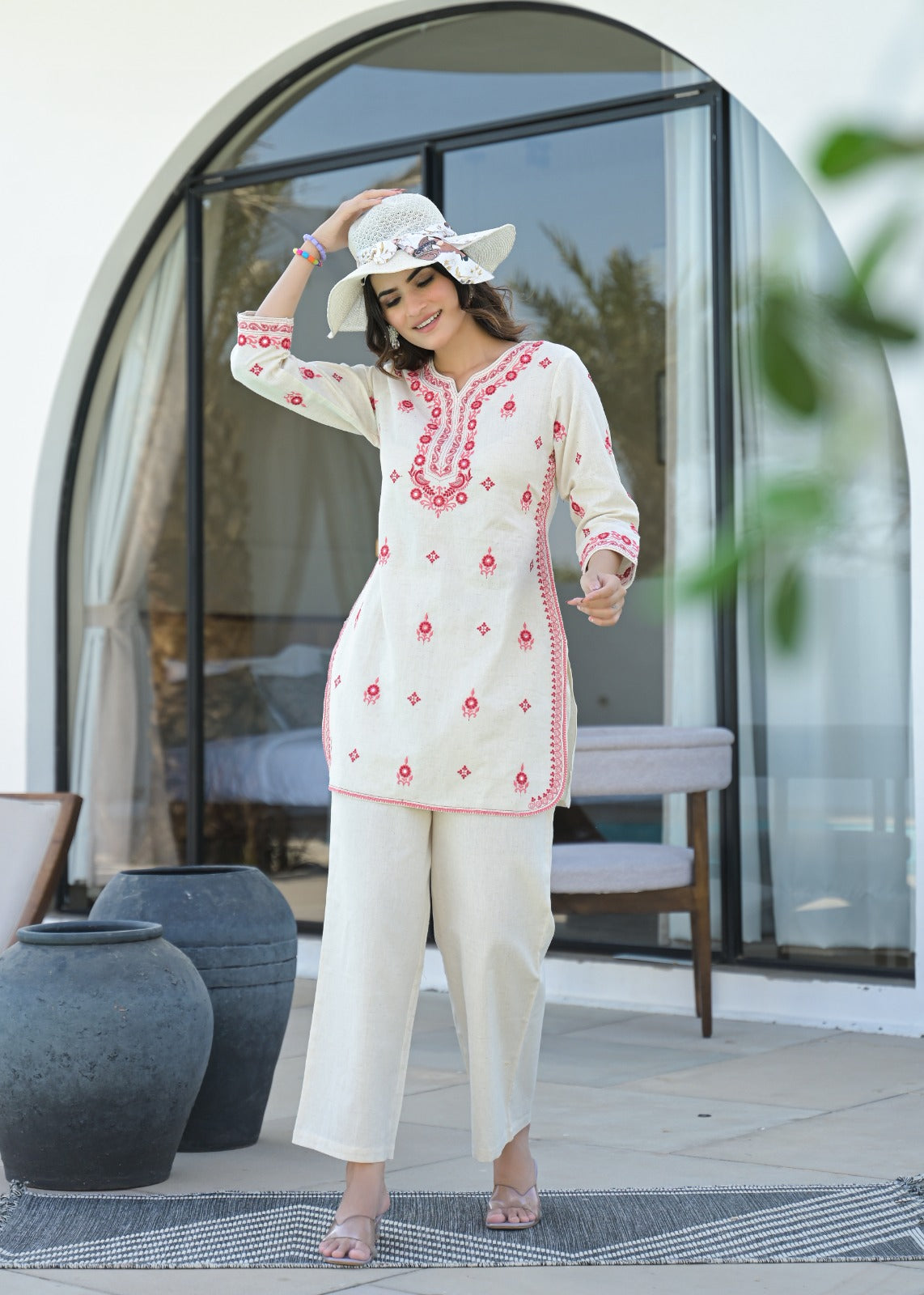 Mirror Work Emroidered Cotton Short Kurti Pant set - Coord Set for Women