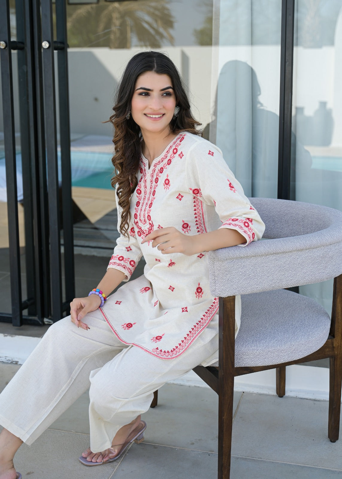 Mirror Work Emroidered Cotton Short Kurti Pant set - Coord Set for Women