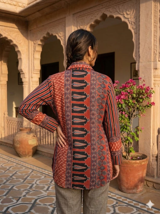 Red and Blue Stripe style Ajrakh Printed Crepe Shirt Top - shirt