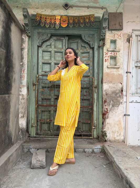 Yellow Stripe Cotton Kurti Pant set - Coord Set for Women