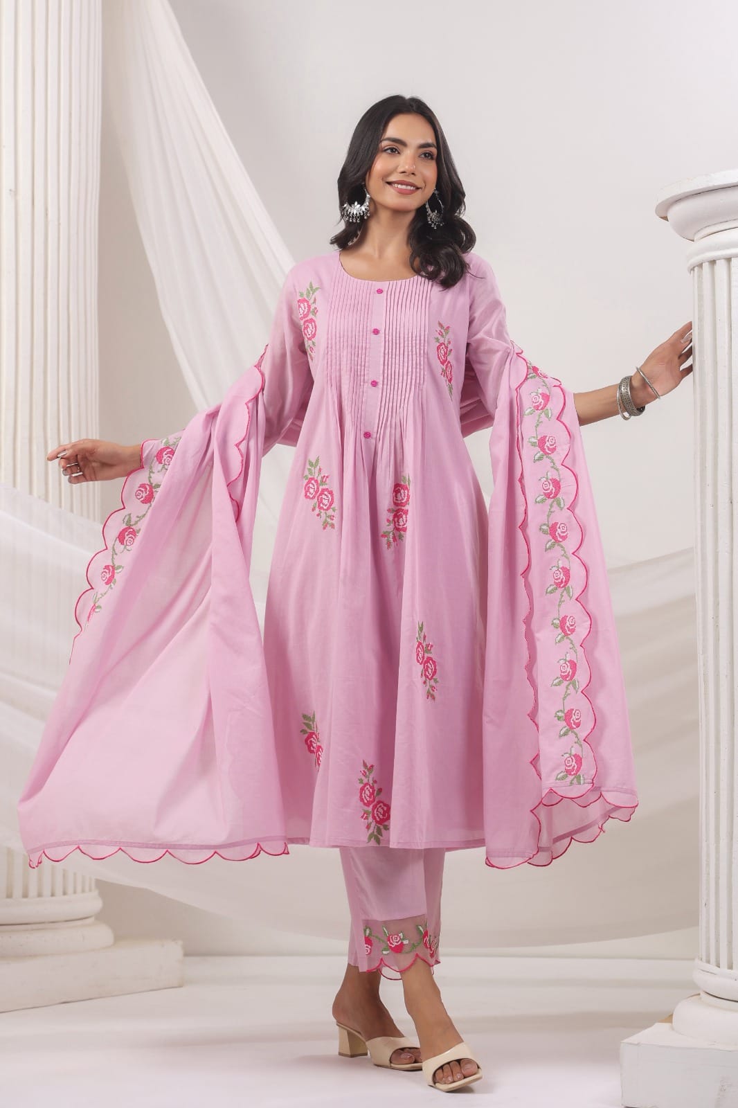 Mul Cotton Lace design floral Embroidered pink salwar suit