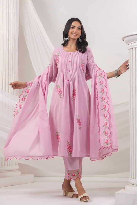 Mul Cotton Lace design floral Embroidered pink salwar suit
