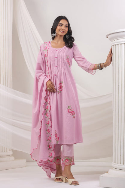 Mul Cotton Lace design floral Embroidered pink salwar suit