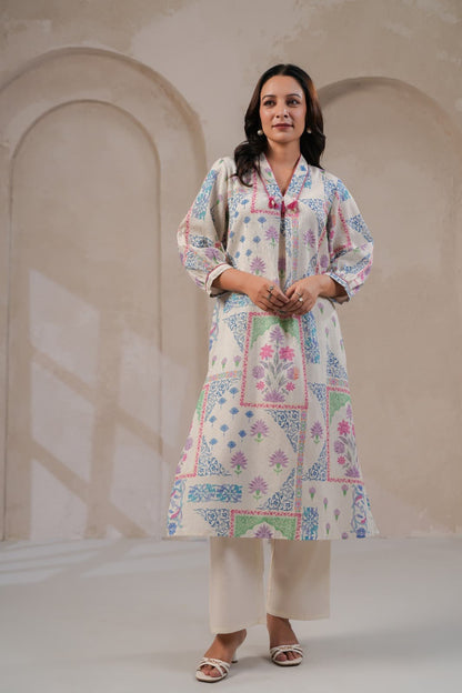 Women’s Pastel Jaipuri print Cotton flex Kurti Pant set with pockets - Suit Set Kurti Pant Dupatta Set