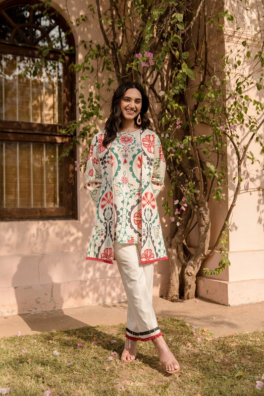 Aza Ivory Floral Print Indo-western White Jacket Co-Ord set with Sleeveless Top Embroidery and Sequins work