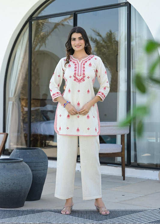 Mirror Work Emroidered Cotton Short Kurti Pant set - Coord Set for Women