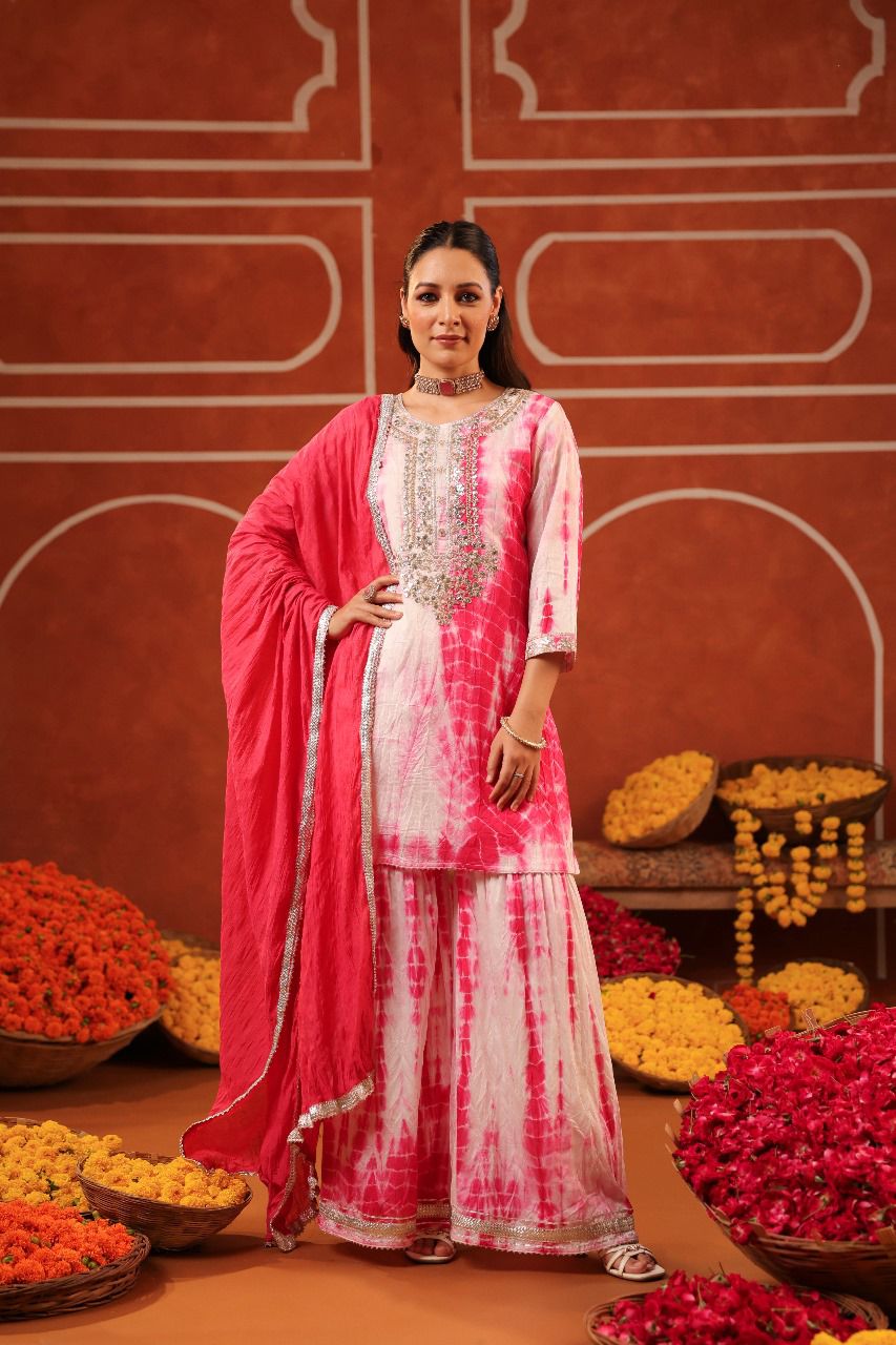 Pink Shibori Sharara Set - Suit Set Kurti Pant Dupatta Set