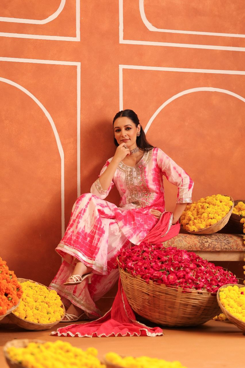 Pink Shibori Sharara Set - Suit Set Kurti Pant Dupatta Set