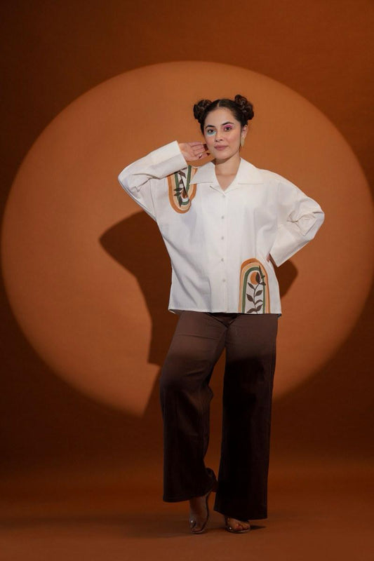 White Shirt Hand painted look and Drop shoulder pattern Cotton Poplin - shirt