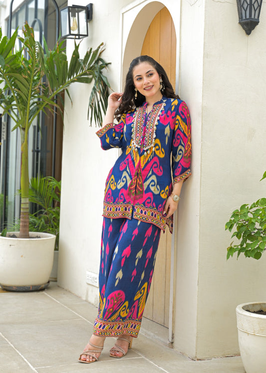 Blue Printed Beaded Short Kurti Styled Indo-western - Coord Set for Women