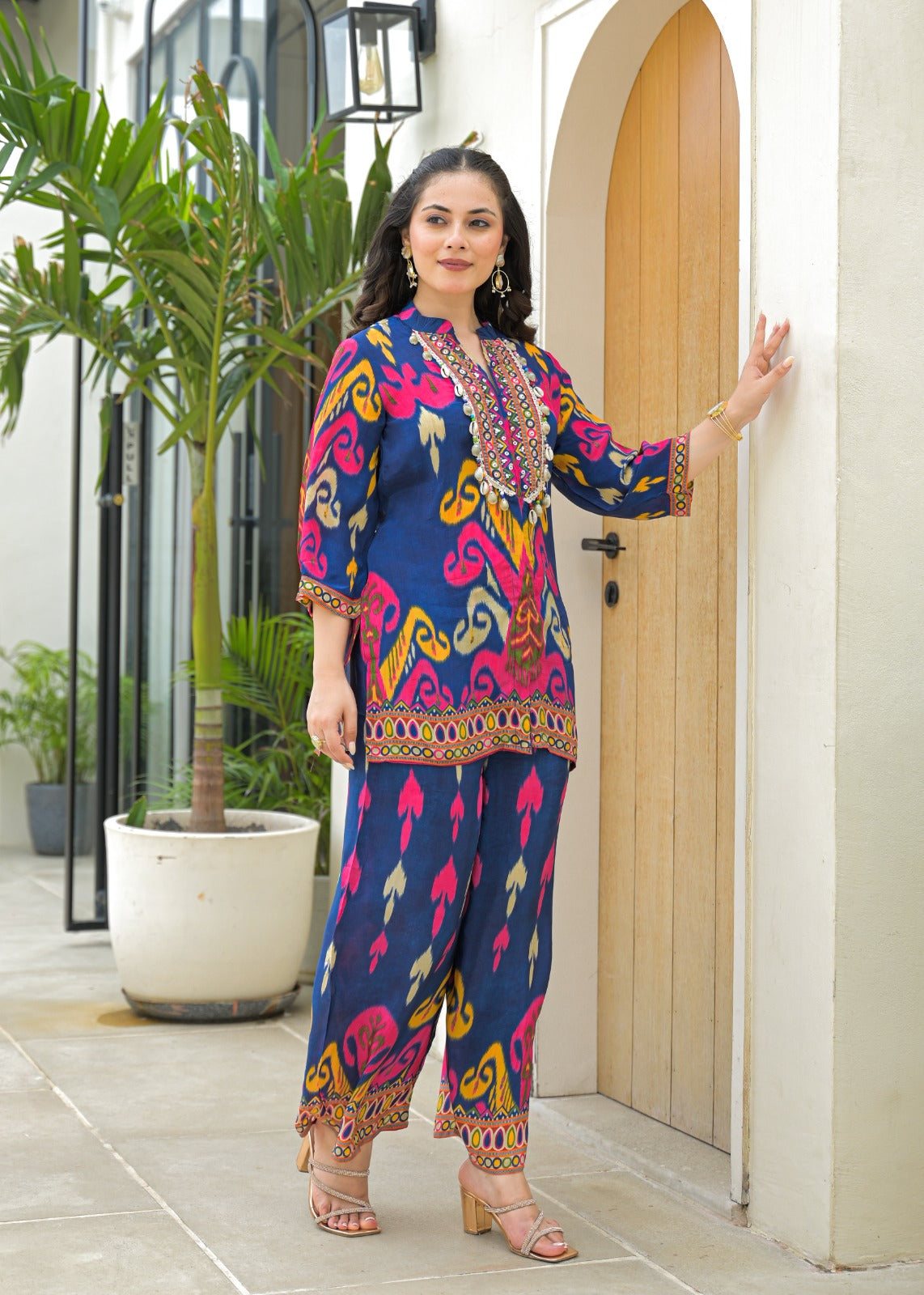 Blue Printed Beaded Short Kurti Styled Indo-western - Coord Set for Women