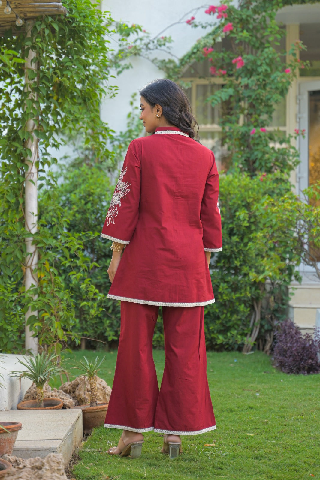 Collared embroidered Co-ord set with two colour options Red and Blue
