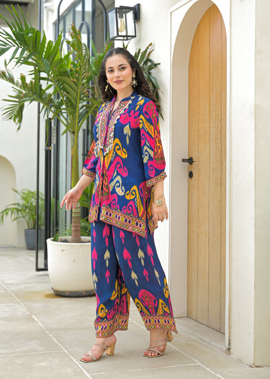 Blue Printed Beaded Short Kurti Styled Indo-western - Coord Set for Women