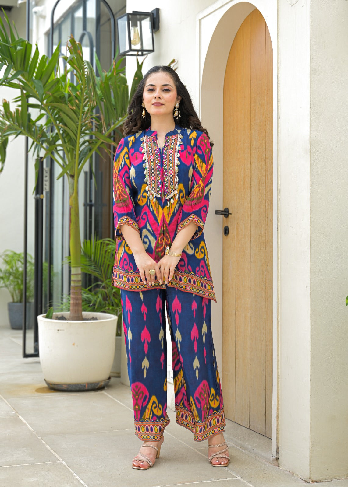 Blue Printed Beaded Short Kurti Styled Indo-western - Coord Set for Women