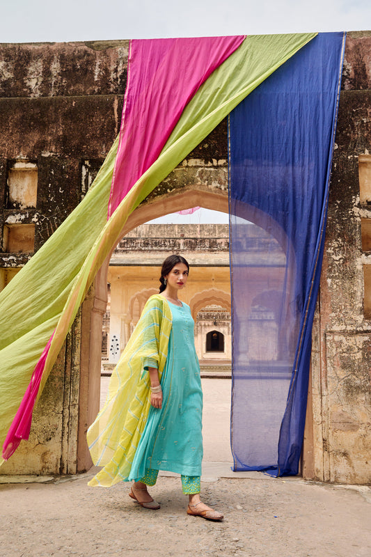 Firozi embroidered Kurta Pant Dupatta Set