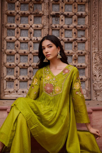 Green Mul Chanderi Kurta Pant Set - Suit Set Kurti Pant Dupatta Set