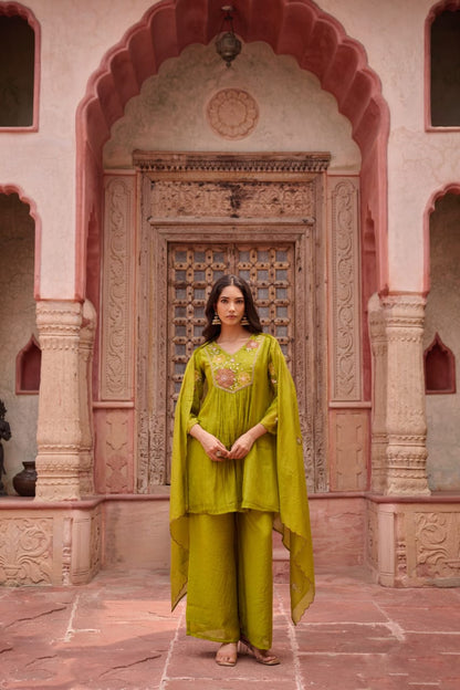 Green Mul Chanderi Kurta Pant Set - Suit Set Kurti Pant Dupatta Set