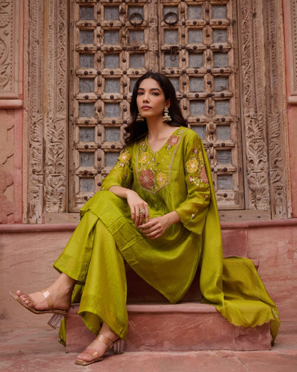 Green Mul Chanderi Kurta Pant Set - Suit Set Kurti Pant Dupatta Set