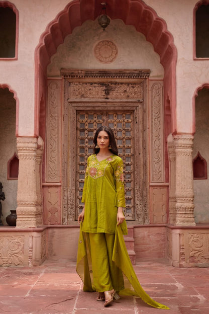 Green Mul Chanderi Kurta Pant Set - Suit Set Kurti Pant Dupatta Set