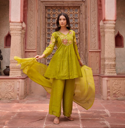Green Mul Chanderi Kurta Pant Set - Suit Set Kurti Pant Dupatta Set