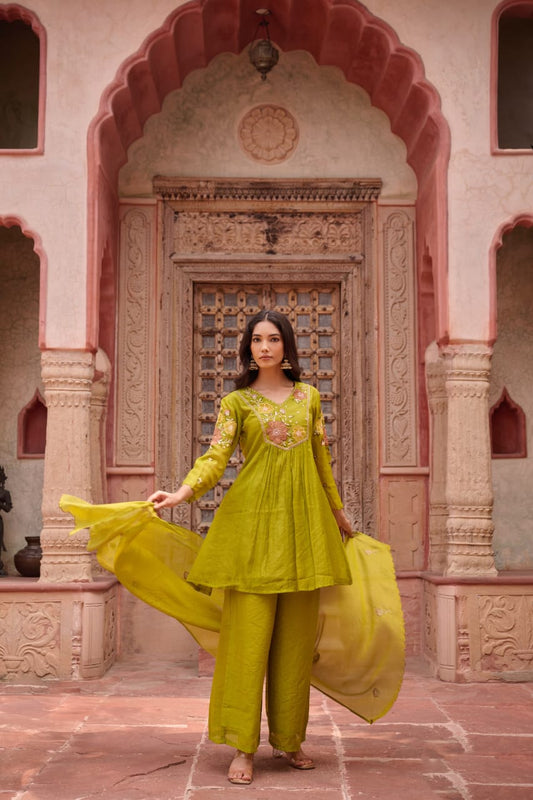 Green Mul Chanderi Kurta Pant Set