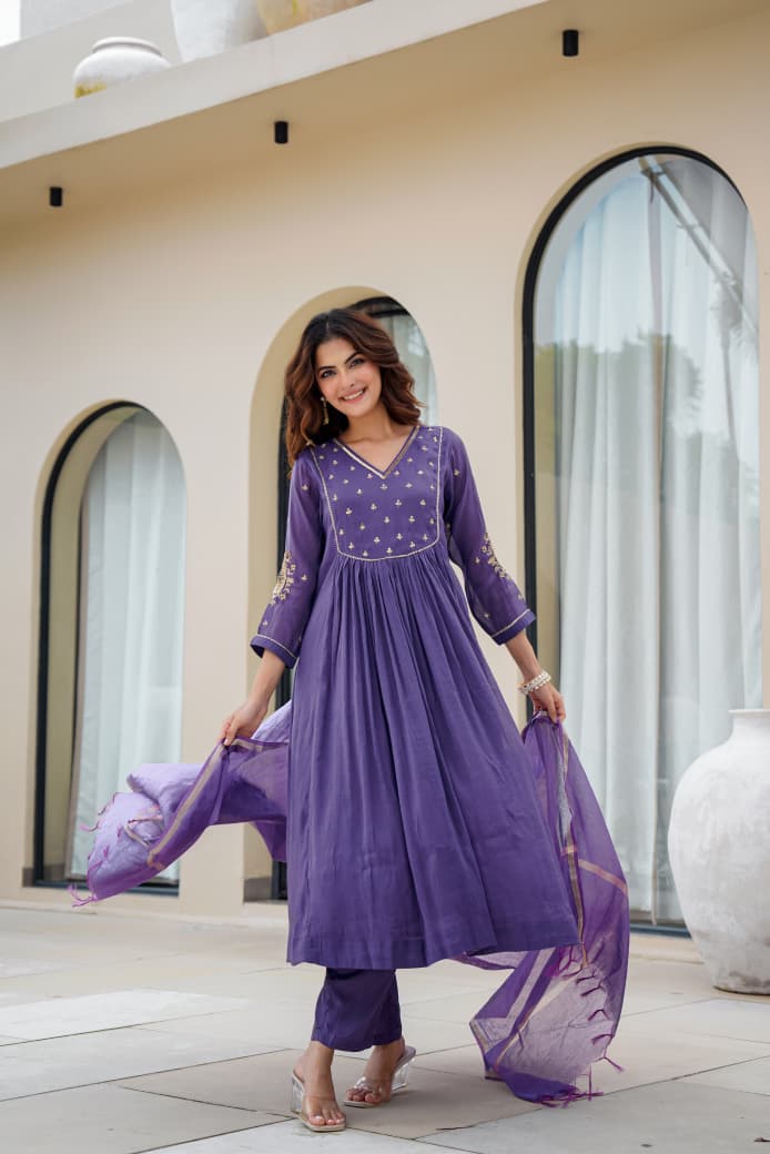 Purple Mul Chanderi Kurta Pant Dupatta Set