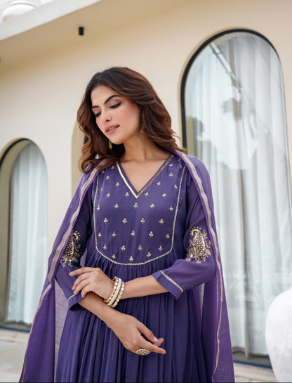 Purple Mul Chanderi Kurta Pant Dupatta Set - Suit Set Kurti Pant Dupatta Set
